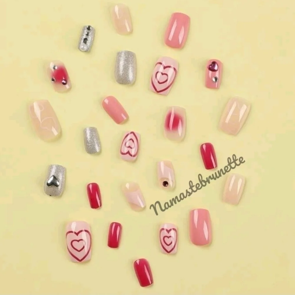 2/$16 Rhinestone Hearts Pink Press on Nails